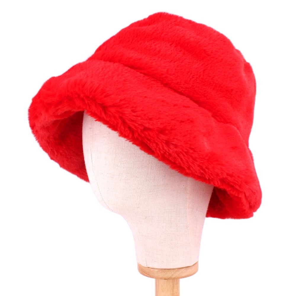 Red Fur Bucket Hat Style Simple Casual